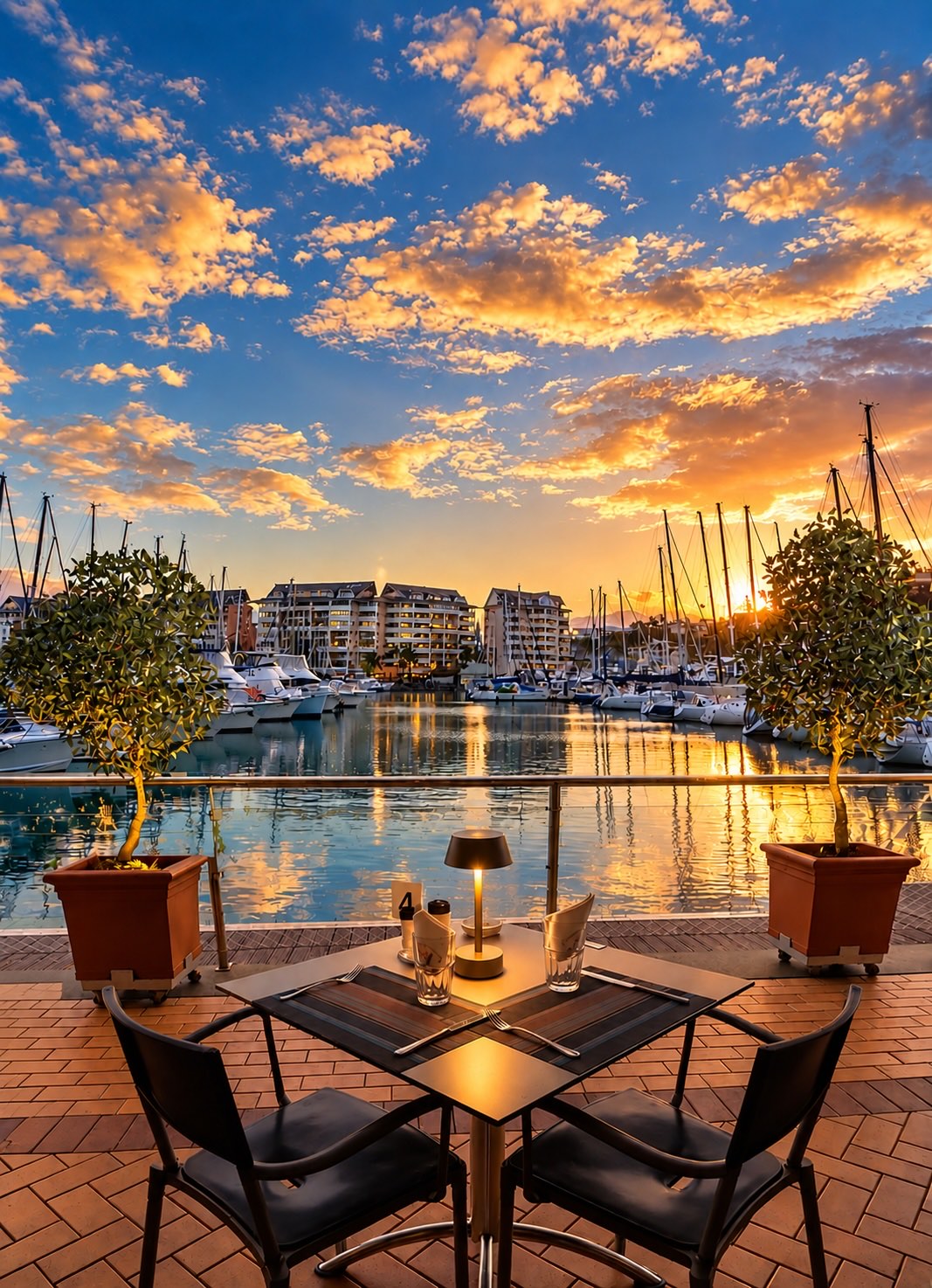 Une table pour deux sur la terrasse du 3 Mâts, face aux voiliers de la marina au coucher du soleil